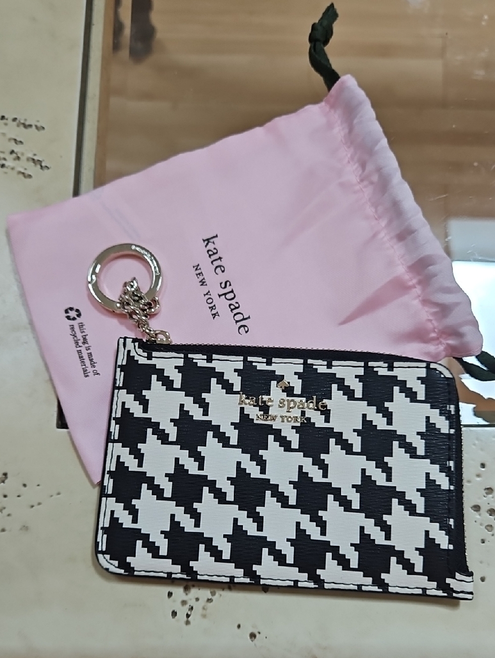 kate spade Black & White Houndstooth Key Card Pouch with Gold Accent
